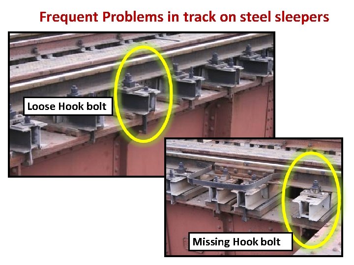Frequent Problems in track on steel sleepers Loose Hook bolt Missing Hook bolt 