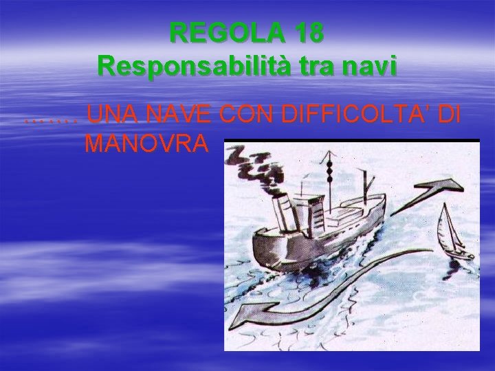 REGOLA 18 Responsabilità tra navi ……. UNA NAVE CON DIFFICOLTA’ DI MANOVRA 