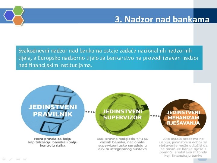 3. Nadzor nad bankama Svakodnevni nadzor nad bankama ostaje zadaća nacionalnih nadzornih tijela, a