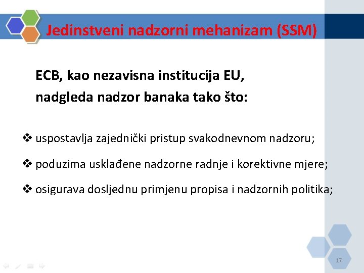 Jedinstveni nadzorni mehanizam (SSM) ECB, kao nezavisna institucija EU, nadgleda nadzor banaka tako što: