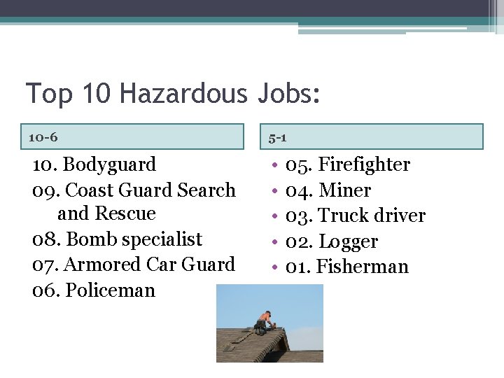 Top 10 Hazardous Jobs: 10 -6 5 -1 10. Bodyguard 09. Coast Guard Search