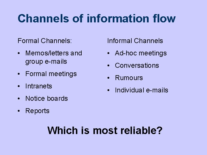 Channels of information flow Formal Channels: Informal Channels • Memos/letters and group e-mails •