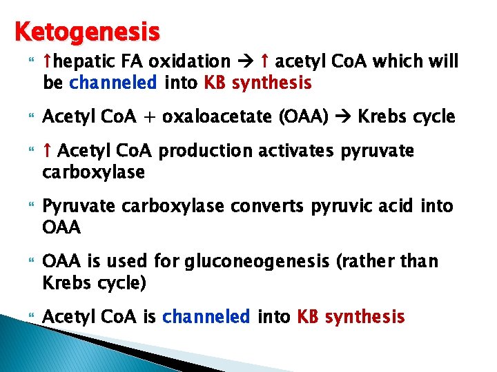 Ketogenesis ↑hepatic FA oxidation ↑ acetyl Co. A which will be channeled into KB