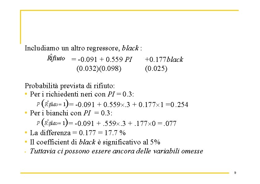 Includiamo un altro regressore, black : Rˆifiuto = -0. 091 + 0. 559 PI