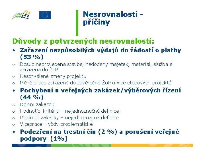 Nesrovnalosti příčiny Důvody z potvrzených nesrovnalostí: • Zařazení nezpůsobilých výdajů do žádostí o platby