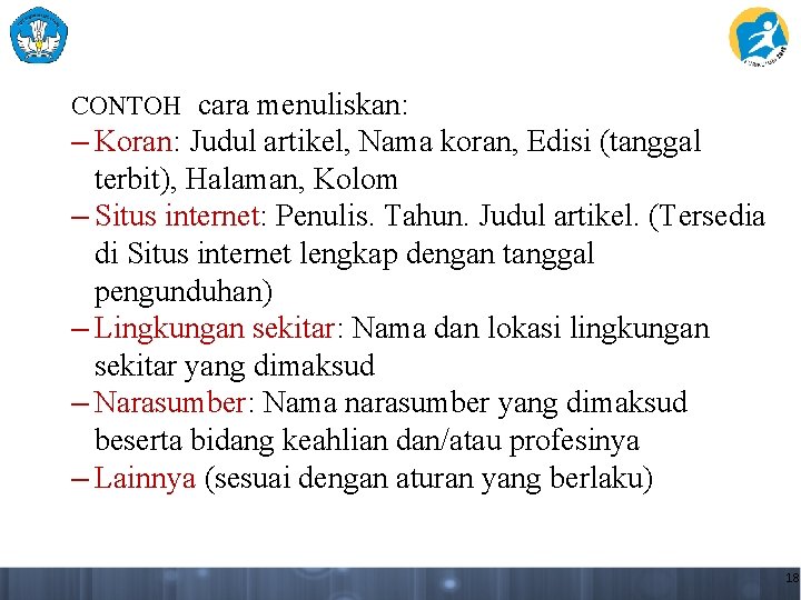 CONTOH cara menuliskan: – Koran: Judul artikel, Nama koran, Edisi (tanggal terbit), Halaman, Kolom