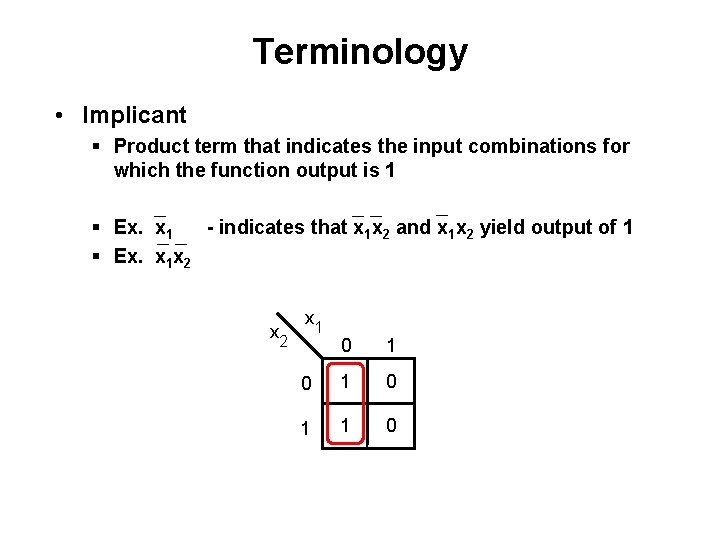 Terminology • Implicant § Product term that indicates the input combinations for which the