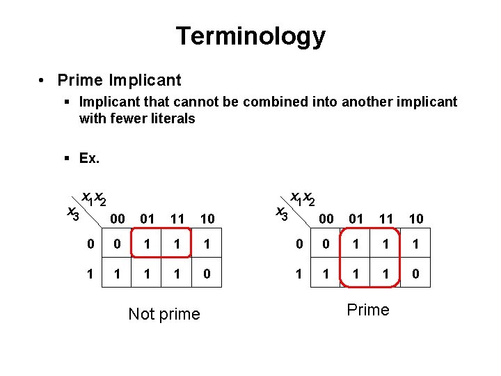 Terminology • Prime Implicant § Implicant that cannot be combined into another implicant with
