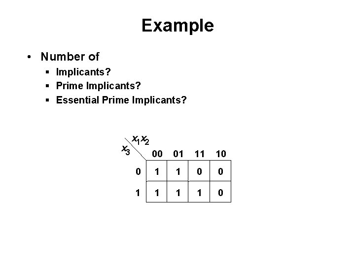Example • Number of § Implicants? § Prime Implicants? § Essential Prime Implicants? x