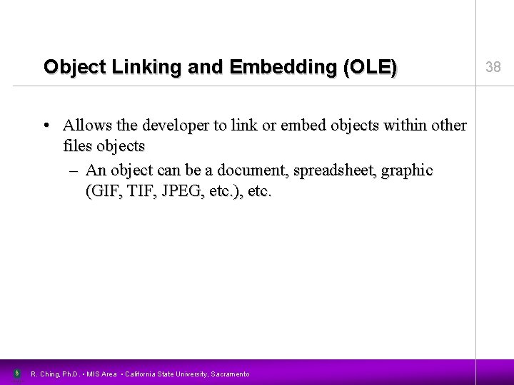 Object Linking and Embedding (OLE) • Allows the developer to link or embed objects