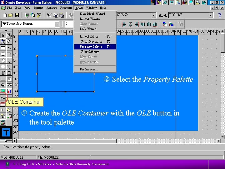 Create the OLE Container Select the Property Palette OLE Container Create the OLE Container