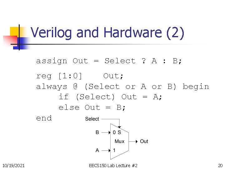 Verilog and Hardware (2) assign Out = Select ? A : B; reg [1: