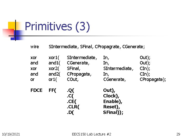 Primitives (3) 10/19/2021 wire SIntermediate, SFinal, CPropagrate, CGenerate; xor and or xor 1( and