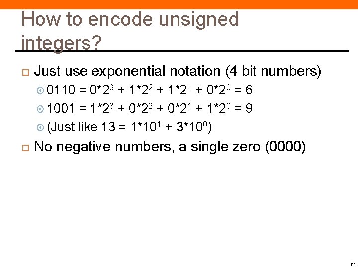 How to encode unsigned integers? Just use exponential notation (4 bit numbers) 0110 =