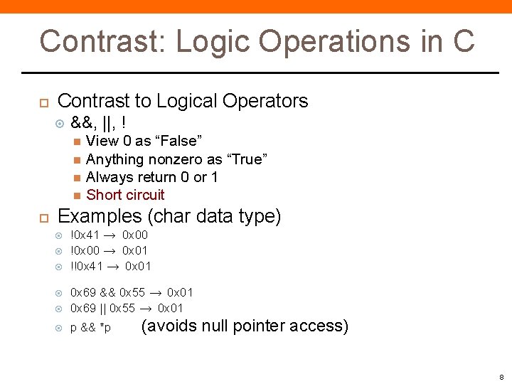 Contrast: Logic Operations in C Contrast to Logical Operators &&, ||, ! View 0