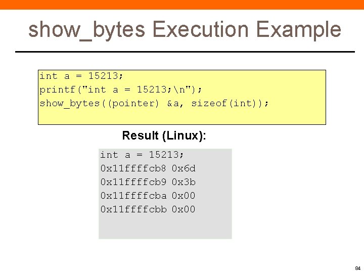 show_bytes Execution Example int a = 15213; printf("int a = 15213; n"); show_bytes((pointer) &a,