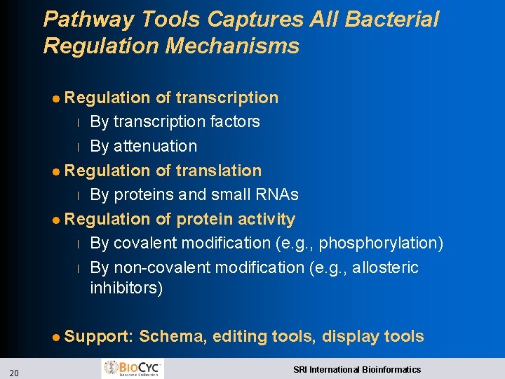 Pathway Tools Captures All Bacterial Regulation Mechanisms l Regulation of transcription l By transcription Pathway Tools Captures All Bacterial Regulation Mechanisms l Regulation of transcription l By transcription