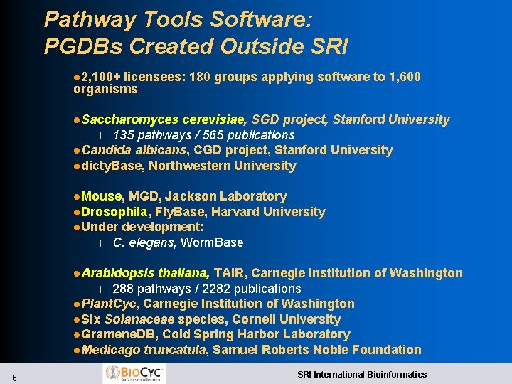 Pathway Tools Software: PGDBs Created Outside SRI l 2, 100+ licensees: 180 groups applying Pathway Tools Software: PGDBs Created Outside SRI l 2, 100+ licensees: 180 groups applying