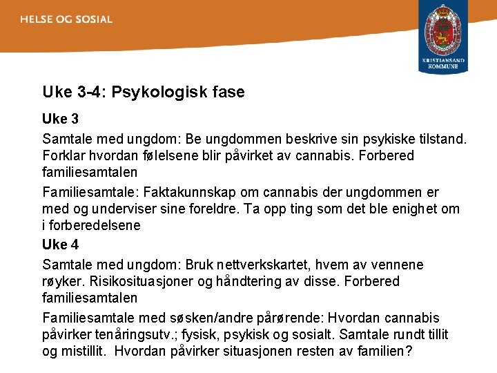 Uke 3 -4: Psykologisk fase Uke 3 Samtale med ungdom: Be ungdommen beskrive sin