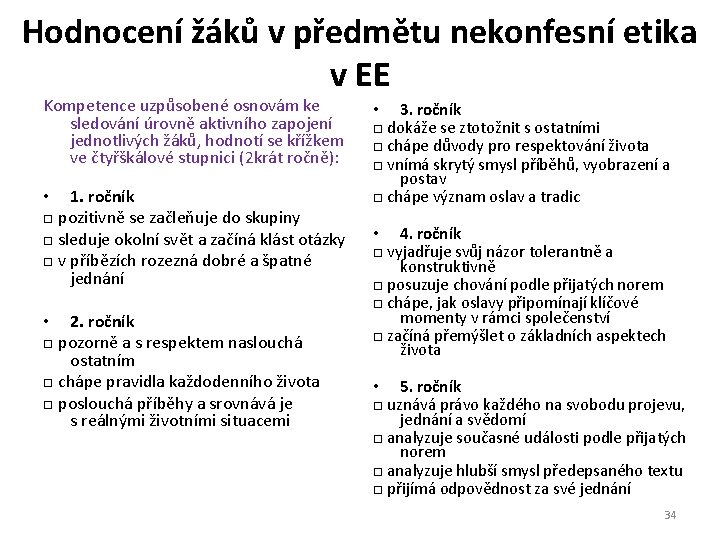 Hodnocení žáků v předmětu nekonfesní etika v EE Kompetence uzpůsobené osnovám ke sledování úrovně