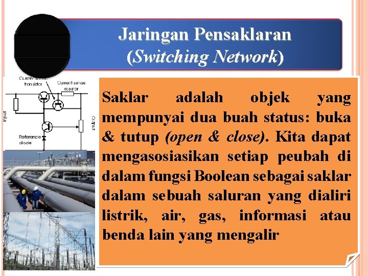 Jaringan Pensaklaran (Switching Network) Saklar adalah objek yang mempunyai dua buah status: buka &