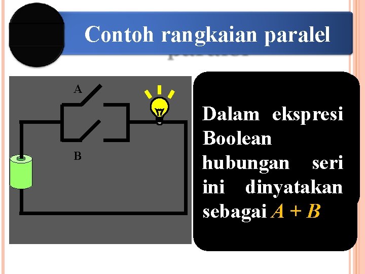 Contoh rangkaian paralel A B Lampu hanya Dalam menyalaekspresi jika Boolean salah satu dari