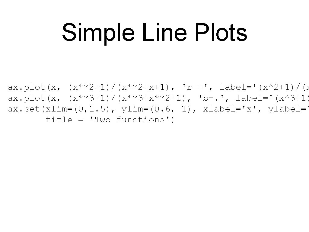 Simple Line Plots ax. plot(x, (x**2+1)/(x**2+x+1), 'r--', label='(x^2+1)/(x ax. plot(x, (x**3+1)/(x**3+x**2+1), 'b-. ', label='(x^3+1)