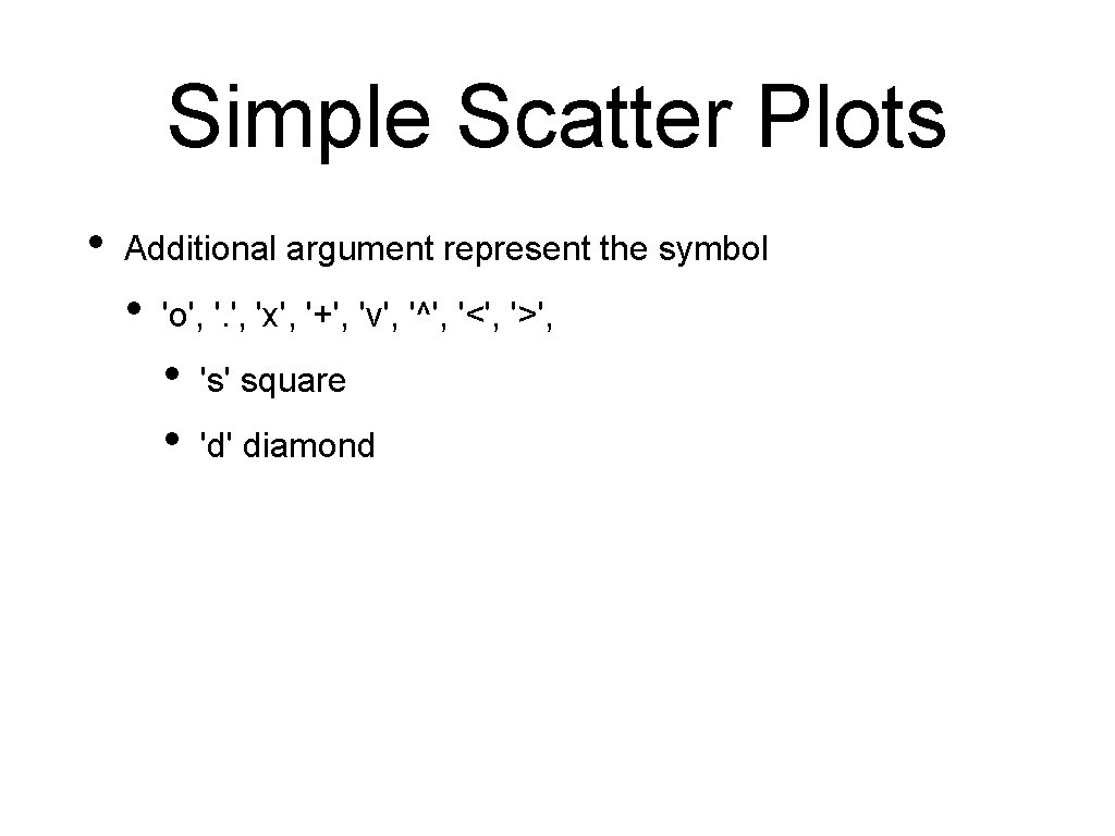 Simple Scatter Plots • Additional argument represent the symbol • 'o', 'x', '+', 'v',