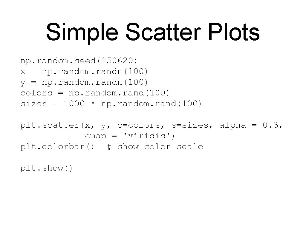 Simple Scatter Plots np. random. seed(250620) x = np. random. randn(100) y = np.