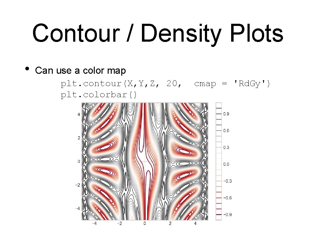 Contour / Density Plots • Can use a color map plt. contour(X, Y, Z,