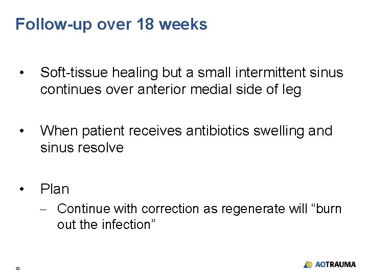 Follow-up over 18 weeks • Soft-tissue healing but a small intermittent sinus continues over