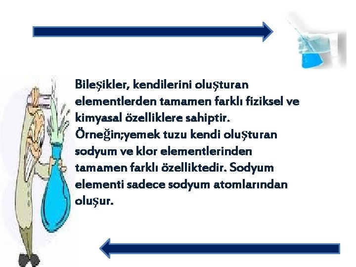 Bileşikler, kendilerini oluşturan elementlerden tamamen farklı fiziksel ve kimyasal özelliklere sahiptir. Örneğin; yemek tuzu