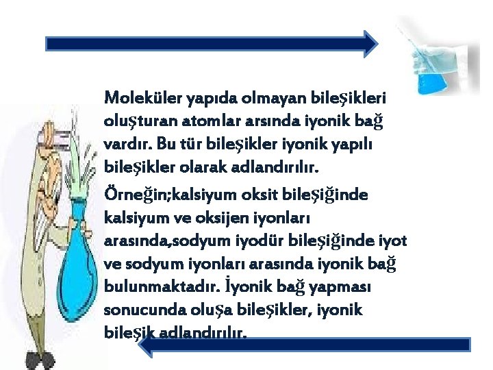 Moleküler yapıda olmayan bileşikleri oluşturan atomlar arsında iyonik bağ vardır. Bu tür bileşikler iyonik