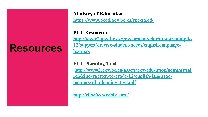 Ministry of Education: https: //www. bced. gov. bc. ca/specialed/ Resources ELL Resources: http: //www