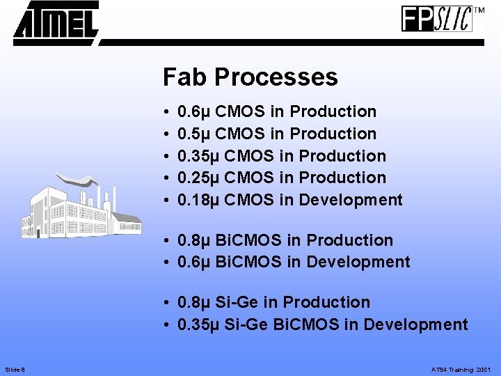 Fab Processes • • • 0. 6µ CMOS in Production 0. 5µ CMOS in