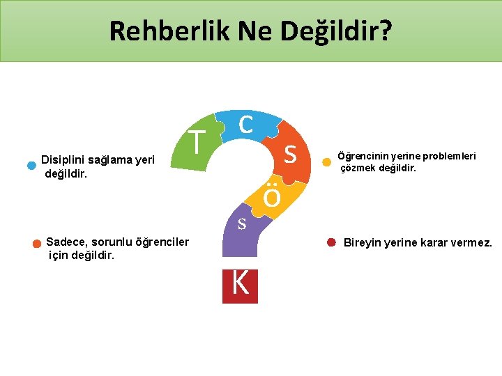 Rehberlik Ne Değildir? Disiplini sağlama yeri değildir. T Sadece, sorunlu öğrenciler için değildir. c