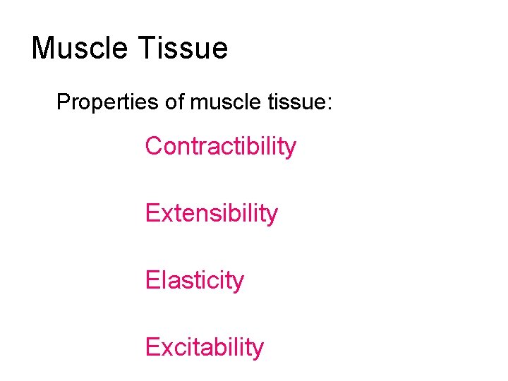 Muscle Tissue Properties of muscle tissue: Contractibility Extensibility Elasticity Excitability 