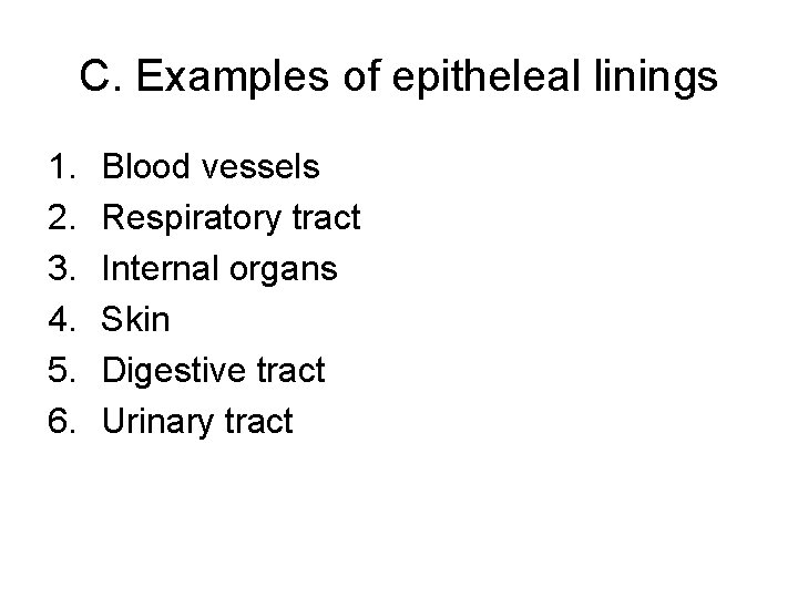 C. Examples of epitheleal linings 1. 2. 3. 4. 5. 6. Blood vessels Respiratory