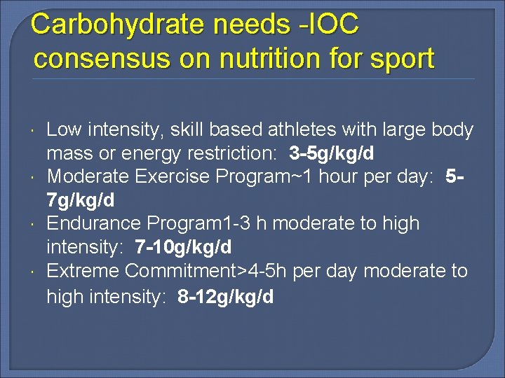 Carbohydrate needs -IOC consensus on nutrition for sport Low intensity, skill based athletes with