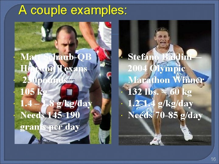 A couple examples: Matt Schaub-QB Houston Texans 230 pounds 105 kg 1. 4 –