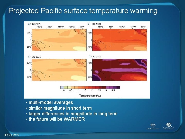 Projected Pacific surface temperature warming • multi-model averages • similar magnitude in short term