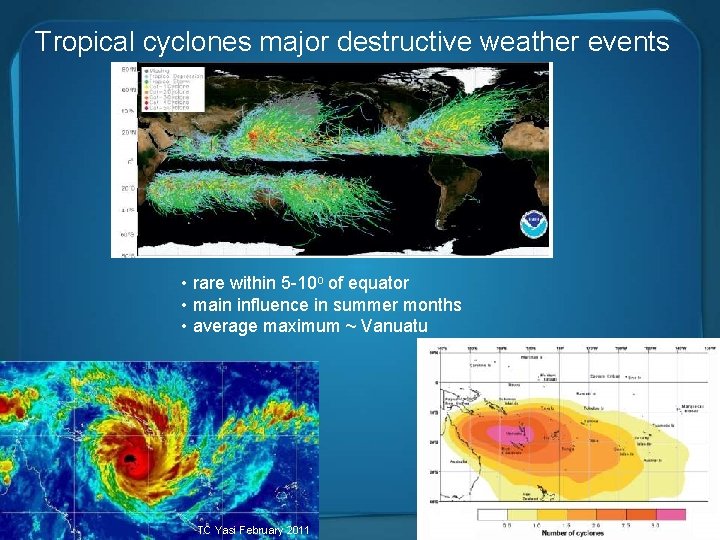 Tropical cyclones major destructive weather events • rare within 5 -10 o of equator