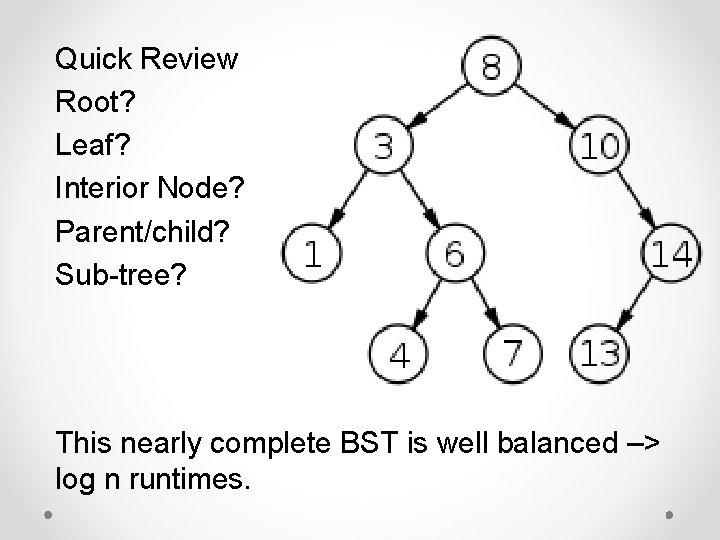 Quick Review Root? Leaf? Interior Node? Parent/child? Sub-tree? This nearly complete BST is well