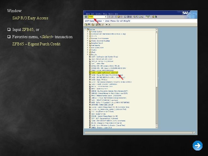 Window: SAP R/3 Easy Access q Input ZFB 65; or q Favorites menu, <Select>