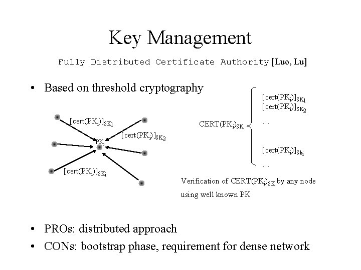 Key Management Fully Distributed Certificate Authority [Luo, Lu] • Based on threshold cryptography [cert(PKi)]SK