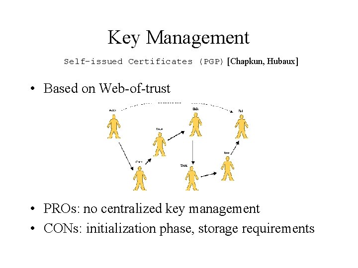 Key Management Self issued Certificates (PGP) [Chapkun, Hubaux] • Based on Web-of-trust • PROs: