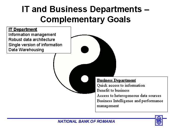 IT and Business Departments – Complementary Goals IT Department Information management Robust data architecture