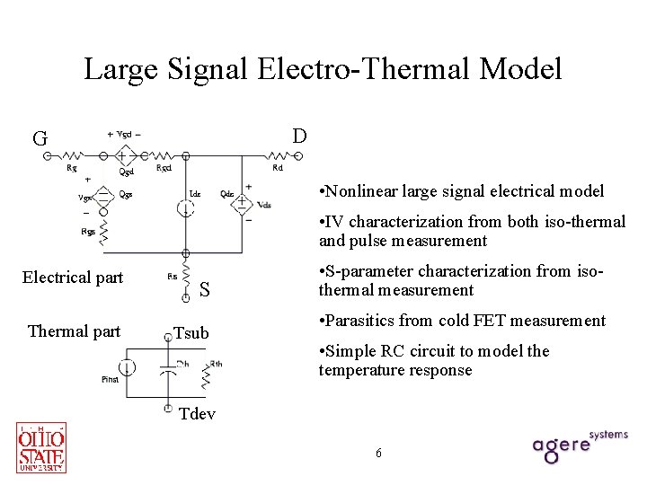 Large Signal Electro-Thermal Model D G • Nonlinear large signal electrical model • IV