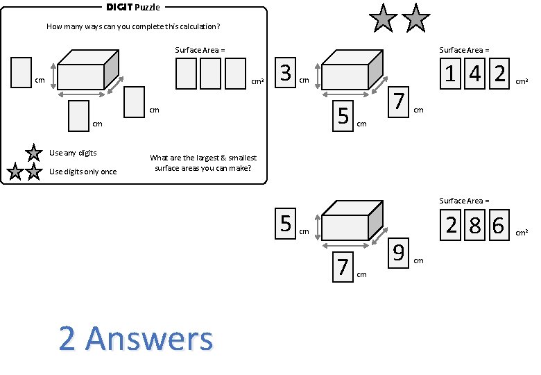 DIGIT Puzzle How many ways can you complete this calculation? Surface Area = cm