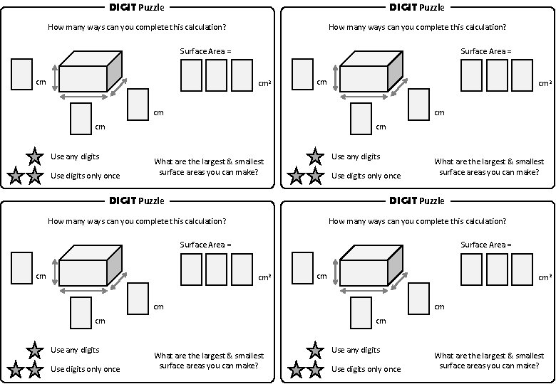 DIGIT Puzzle How many ways can you complete this calculation? Surface Area = cm
